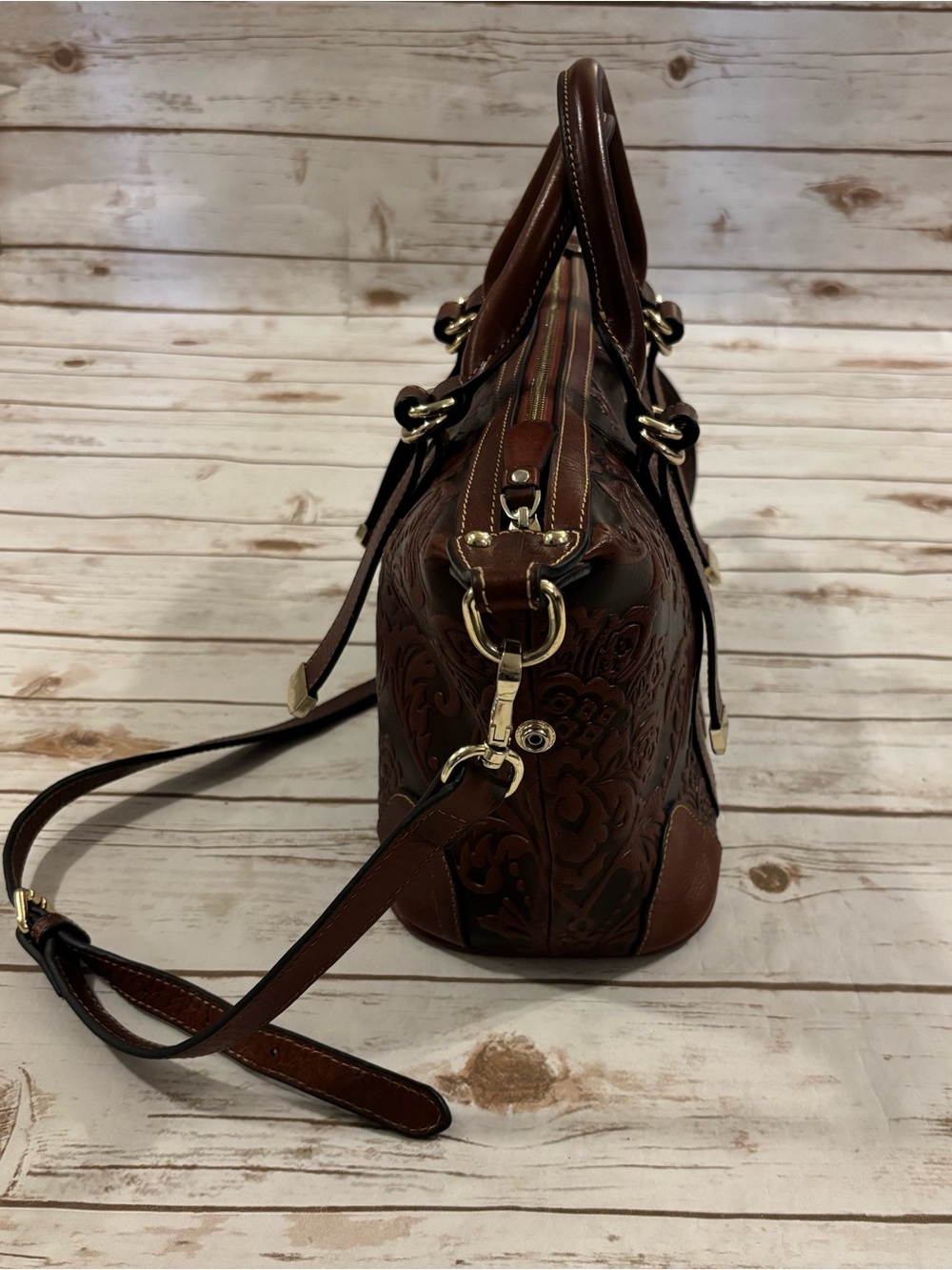 PIJUSHI Embossed Genuine Brown Leather Satchel and Crossbody Bag/Wristlet Set - Picture 4 of 16